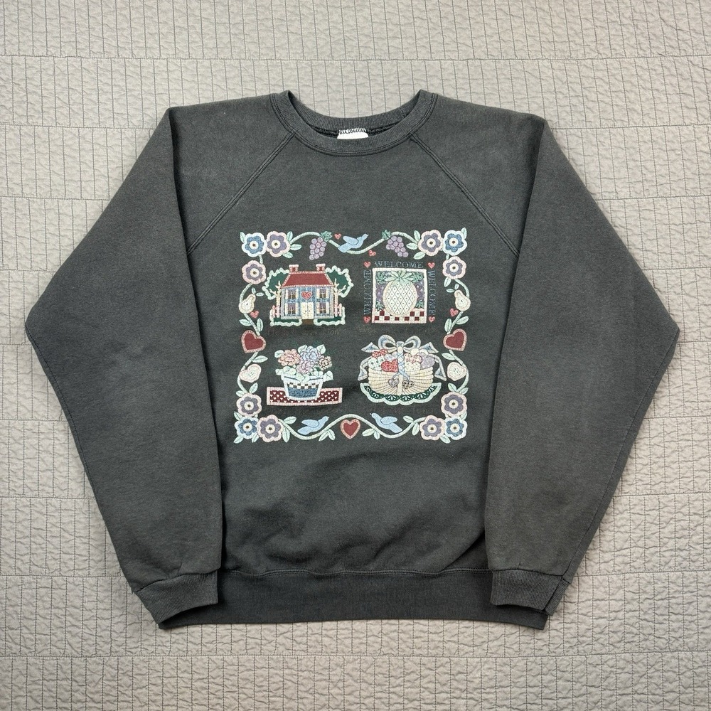 Vintage 90s Grandmacore Crewneck Sweatshirt Women XL Faded Boxy Fit‎ Cottagecore